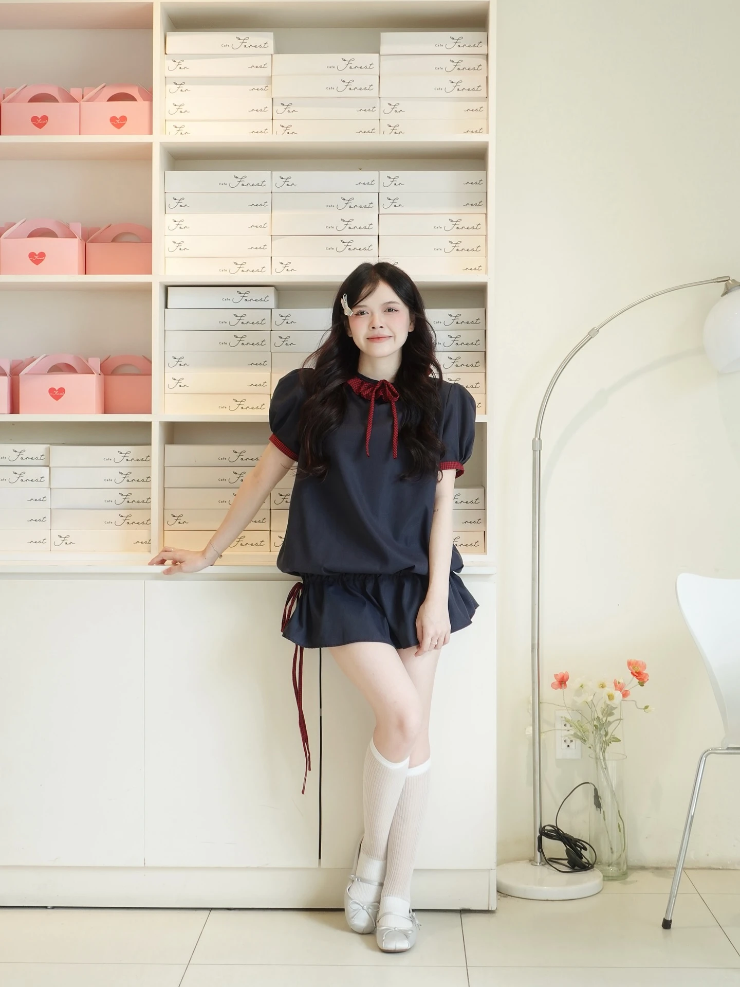 Set babydoll xanh than phối caro đỏ rút dây kèm bảo hộ