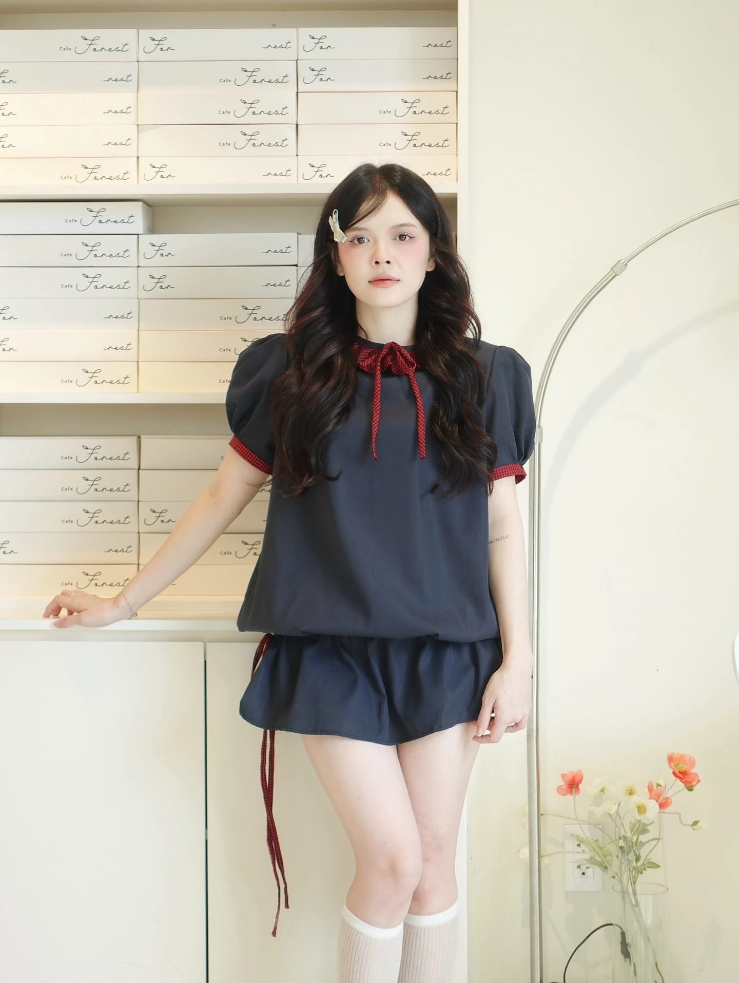 Set babydoll xanh than phối caro đỏ rút dây kèm bảo hộ