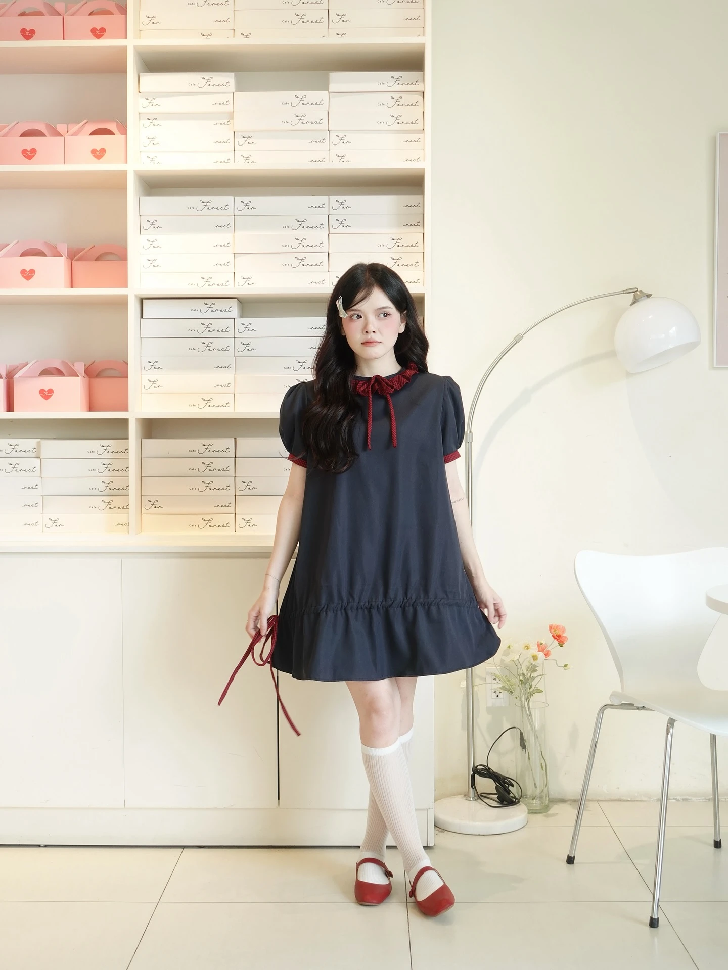 Set babydoll xanh than phối caro đỏ rút dây kèm bảo hộ