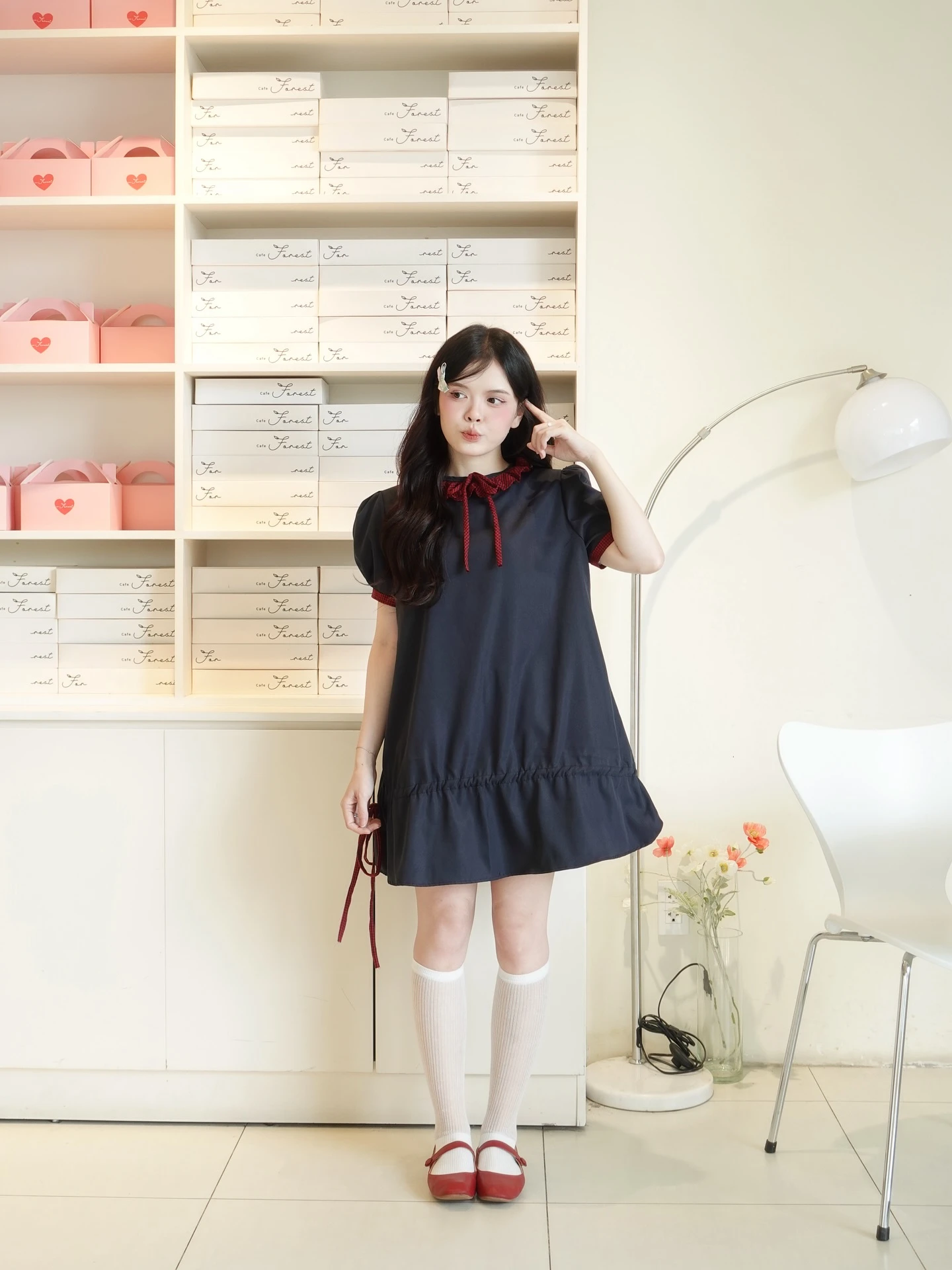 Set babydoll xanh than phối caro đỏ rút dây kèm bảo hộ