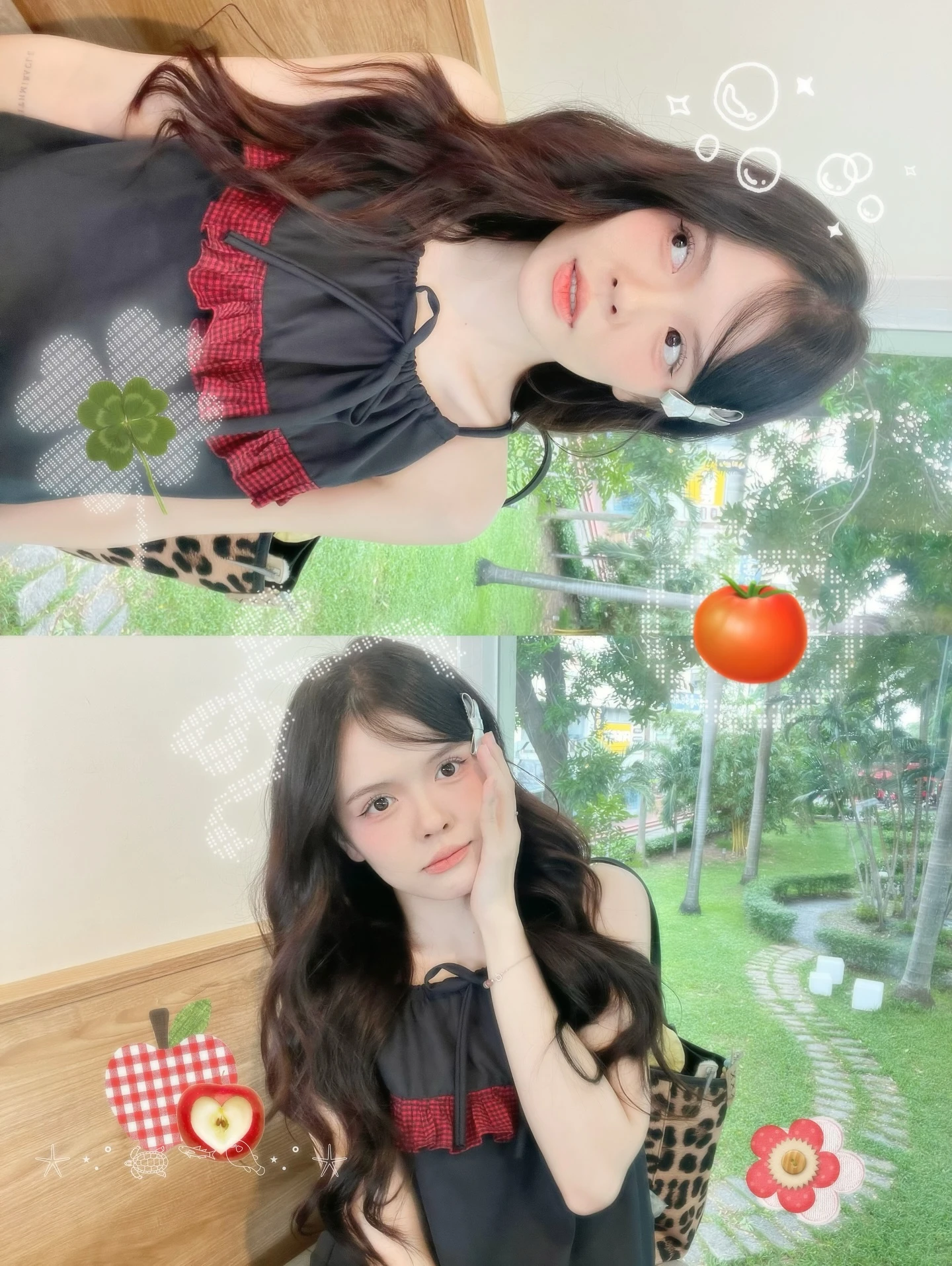 Set yếm bo chun xanh than phối nơ, bèo caro đỏ kèm bảo hộ