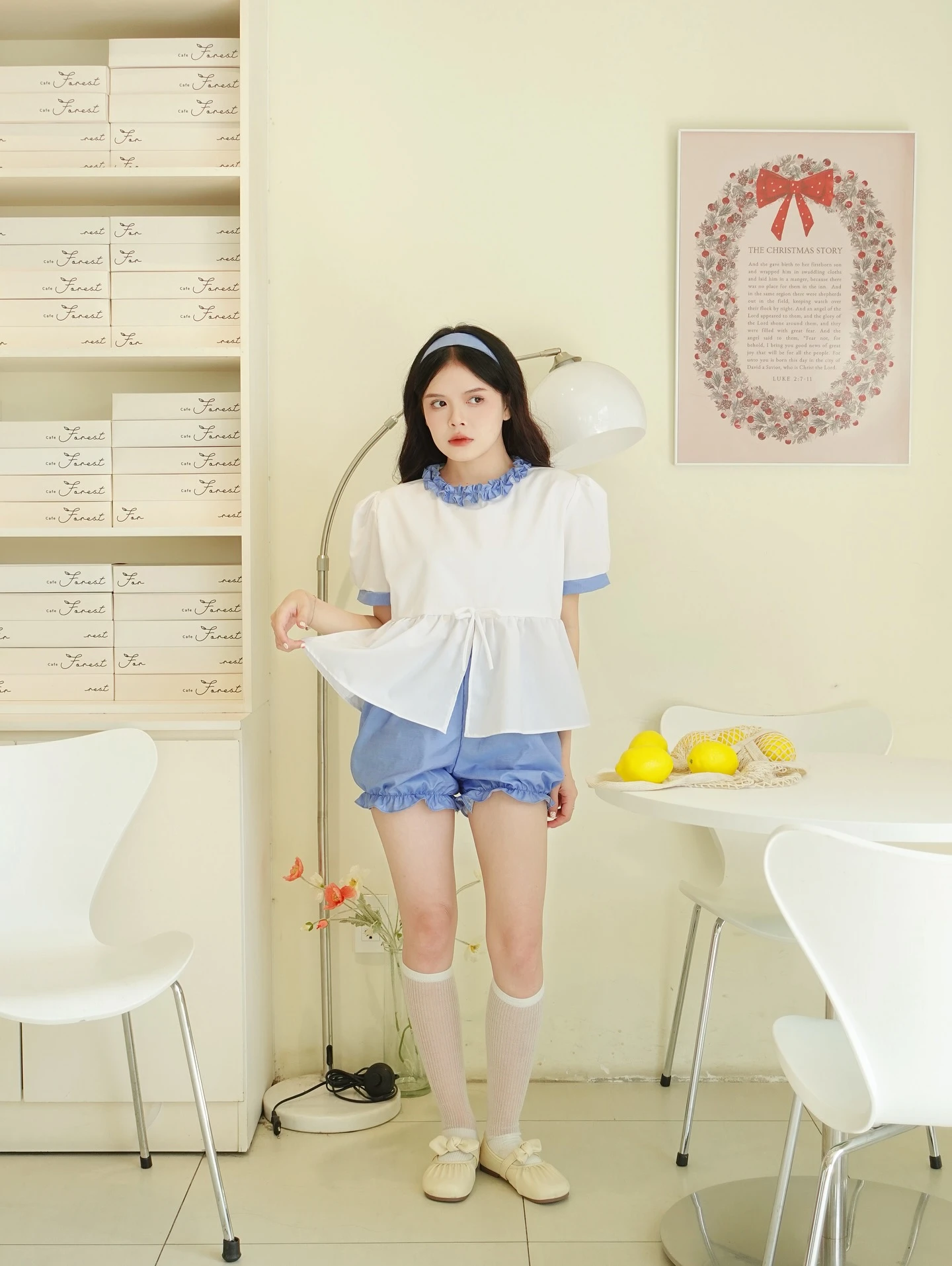 Set babydoll áo trắng + quần xanh line bèo