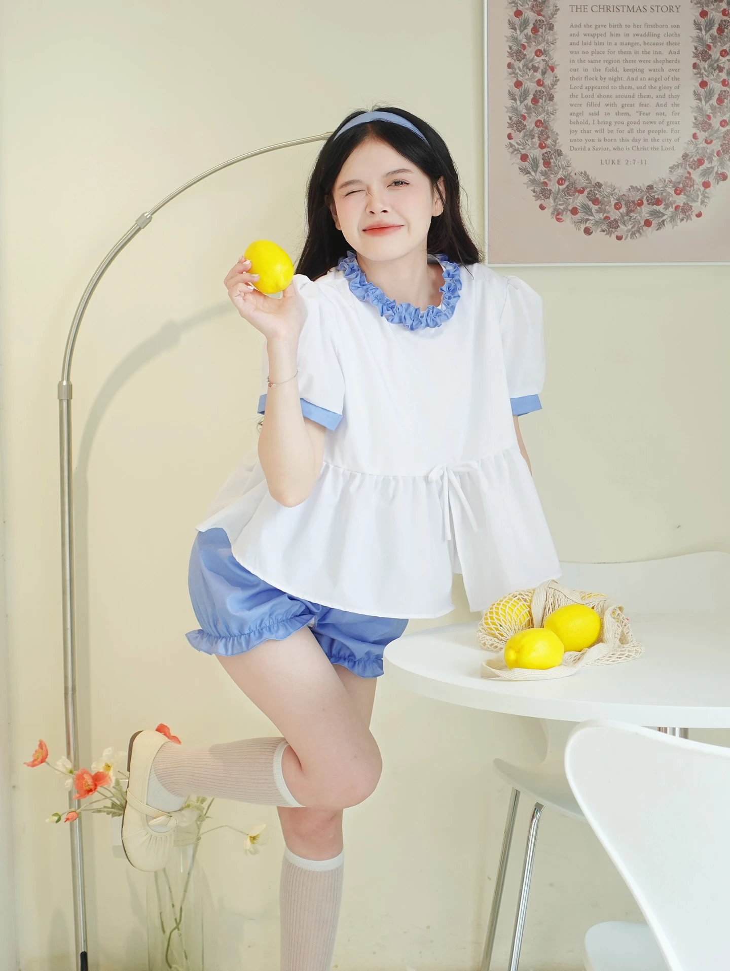 Set babydoll áo trắng + quần xanh line bèo