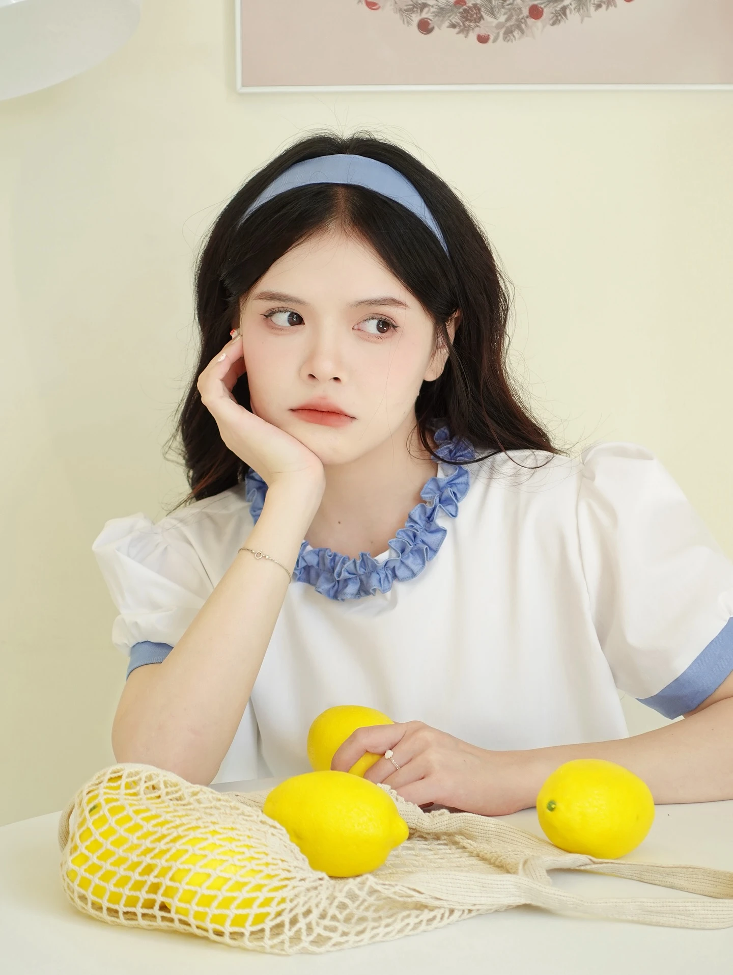 Set babydoll áo trắng + quần xanh line bèo