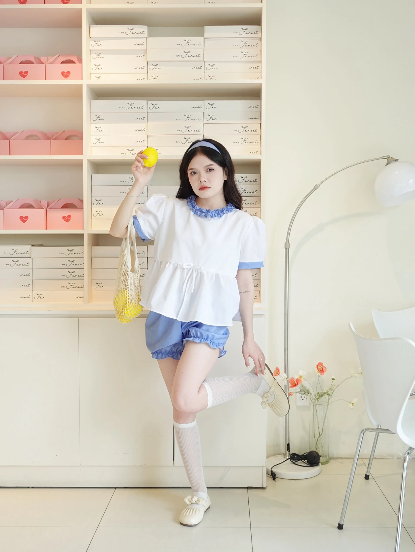 Set babydoll áo trắng + quần xanh line bèo