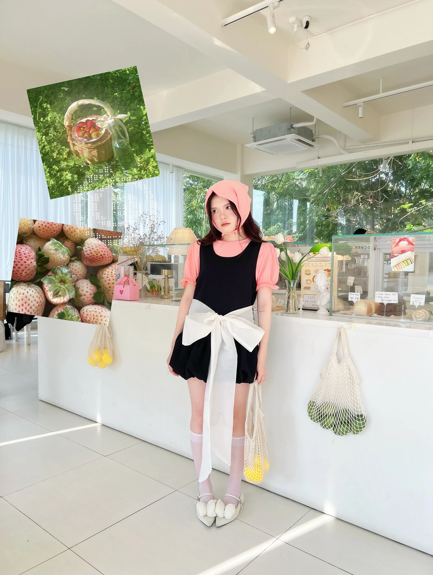 Set babydoll áo hồng + yếm đen nơ trắng kèm khăn turban