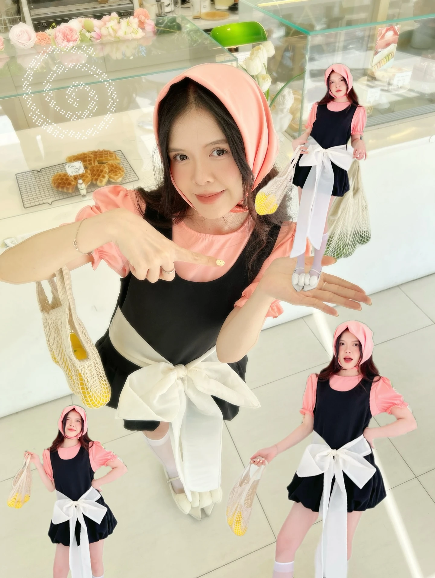  Set babydoll áo hồng + yếm đen nơ trắng kèm khăn turban 