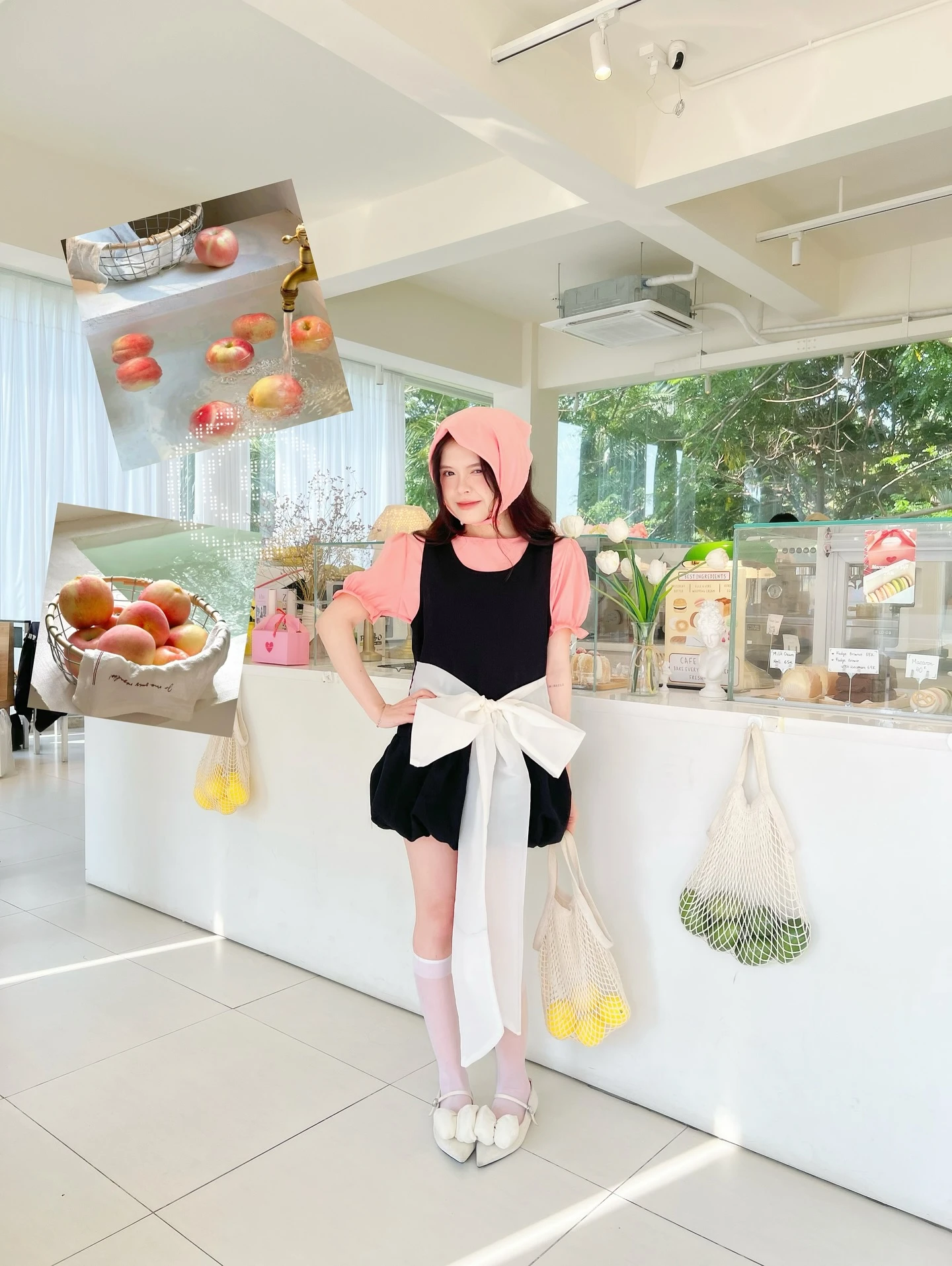 Set babydoll áo hồng + yếm đen nơ trắng kèm khăn turban