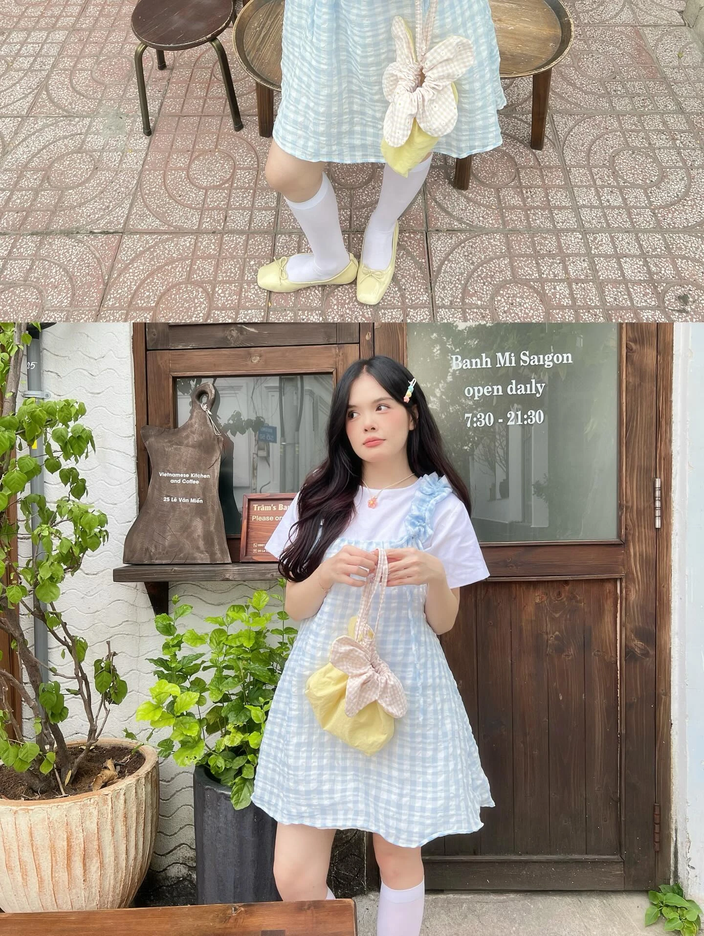 Set babydoll caro xanh nhạt, áo trắng phối 2 dây bèo