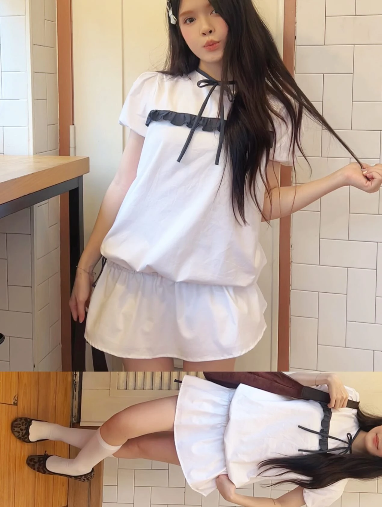 Set babydoll trắng phối nơ line cổ bèo caro xanh