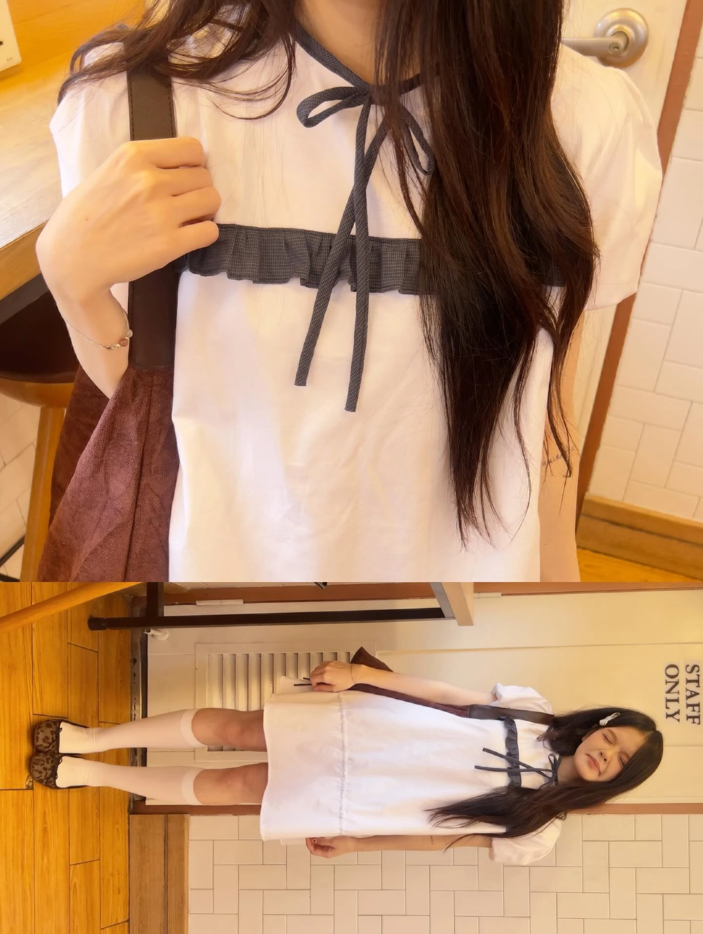 Set babydoll trắng phối nơ line cổ bèo caro xanh