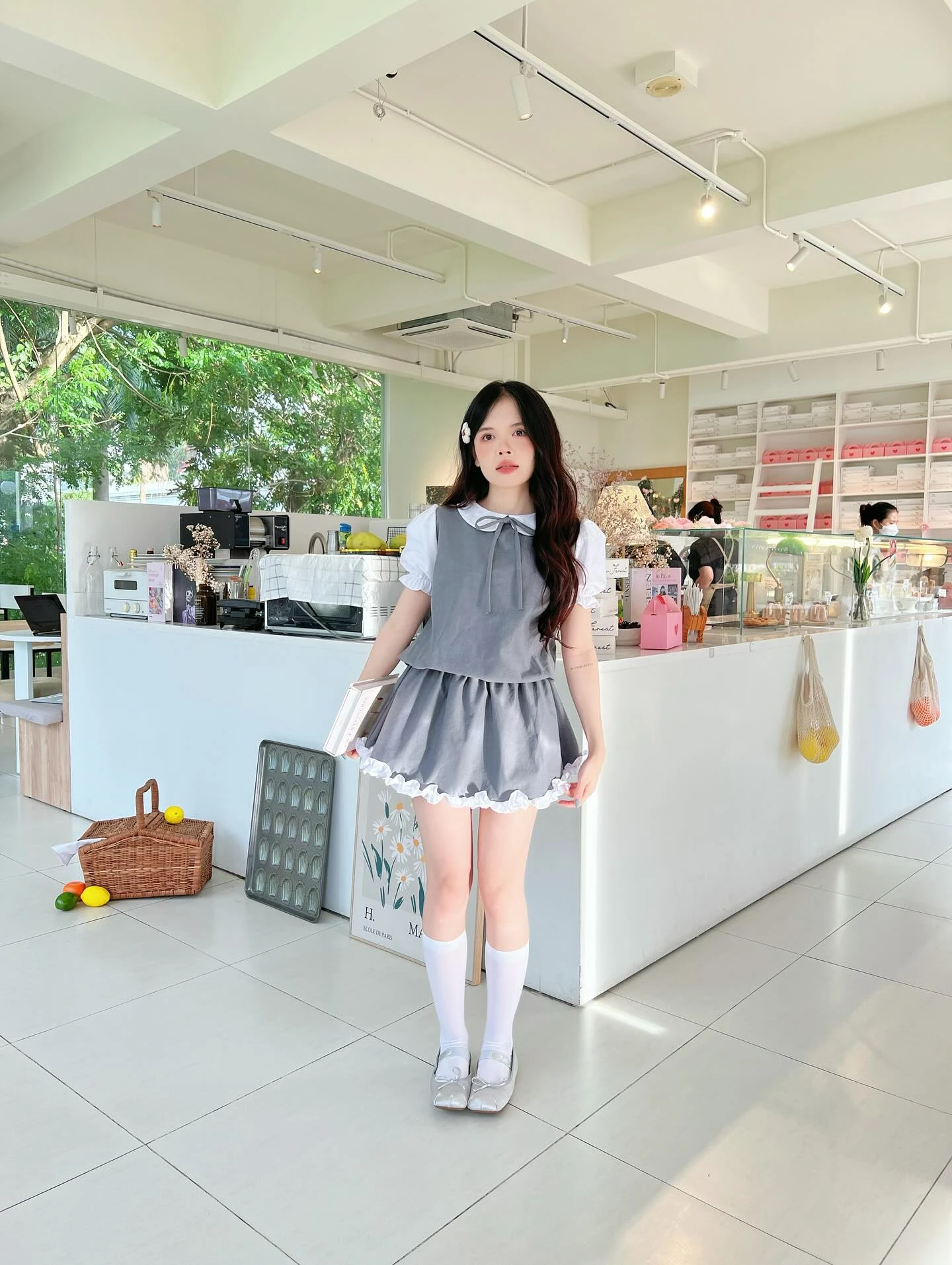 Set babydoll xám phối cổ, tay trắng bo chun kèm bảo hộ