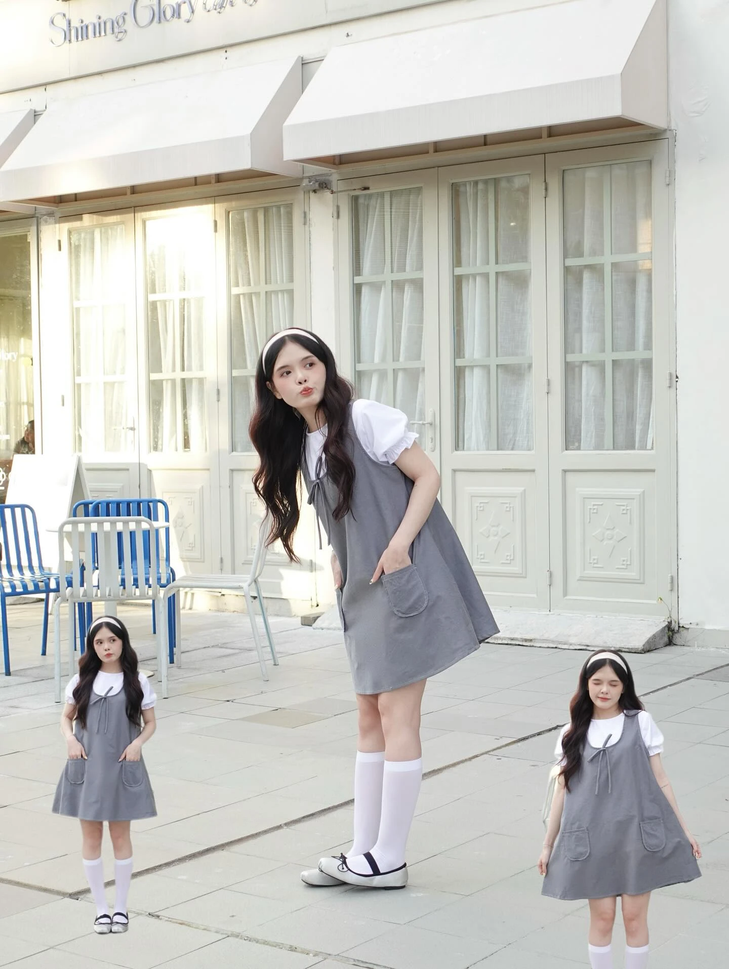 Set babydoll áo trắng yếm xám