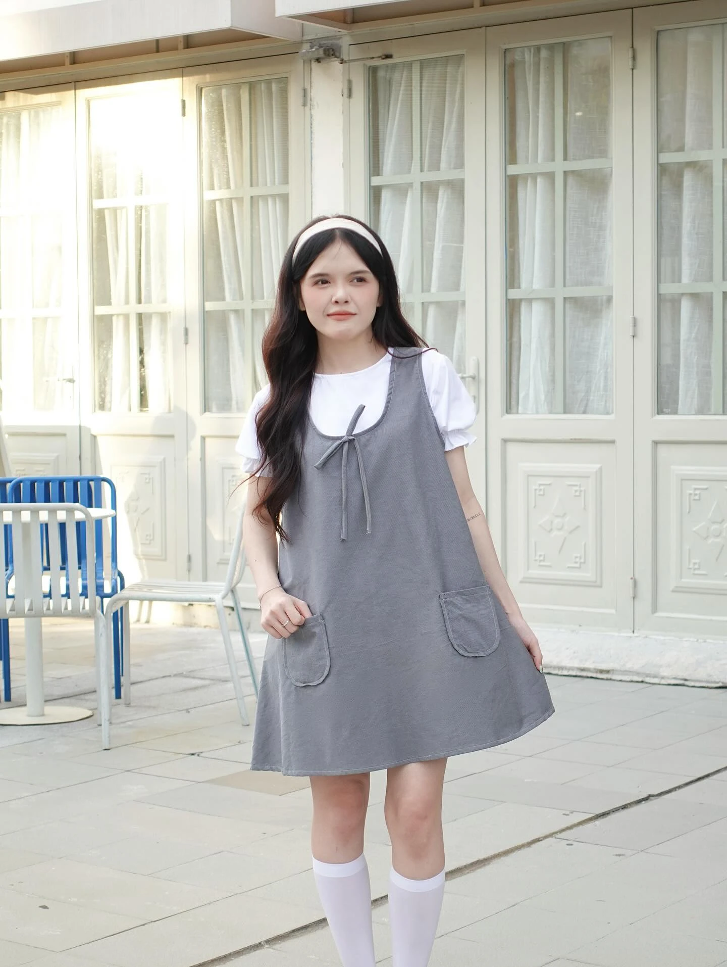 Set babydoll áo trắng yếm xám