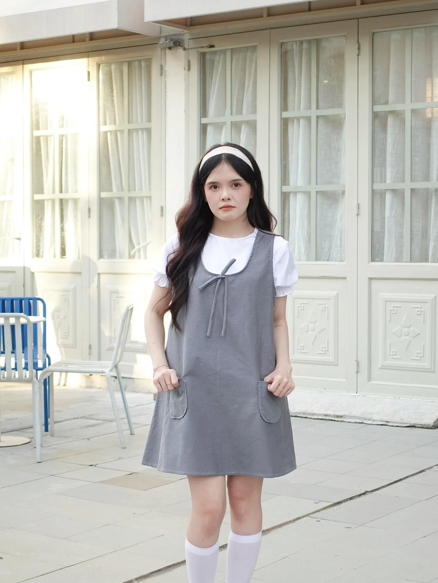 Set babydoll áo trắng yếm xám