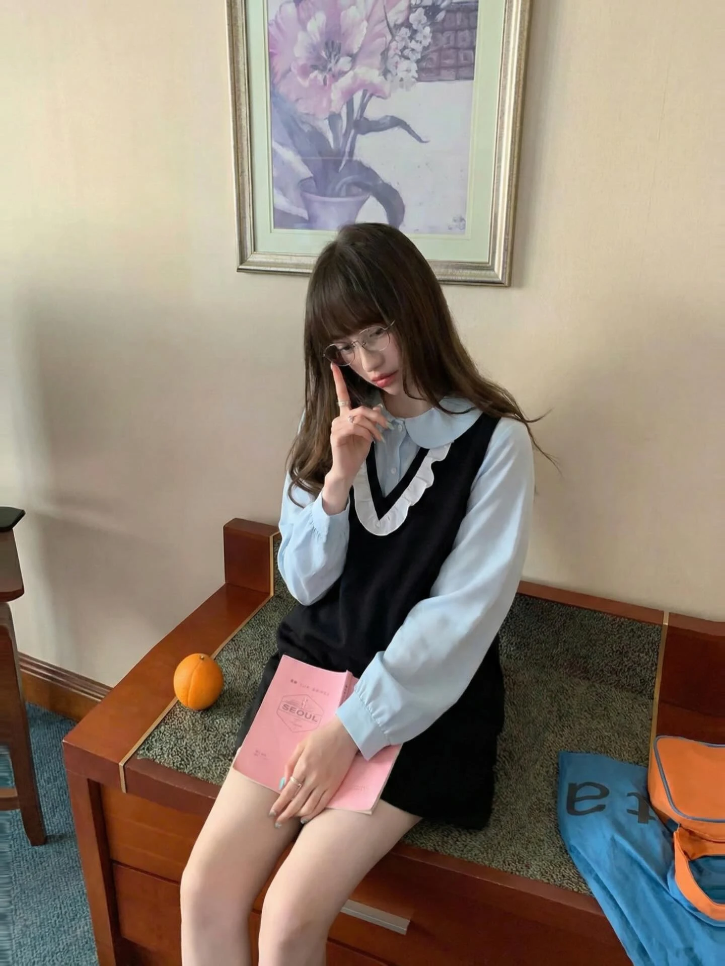 Set babydoll áo xanh sơ mi yếm đen cổ V bèo trắng