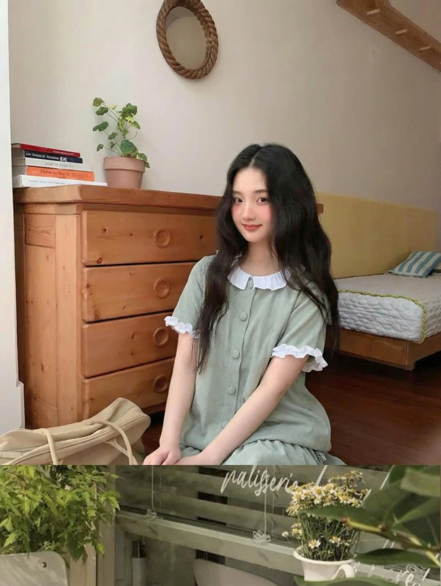 Set babydoll sơ mi xanh kẻ sọc rút dây