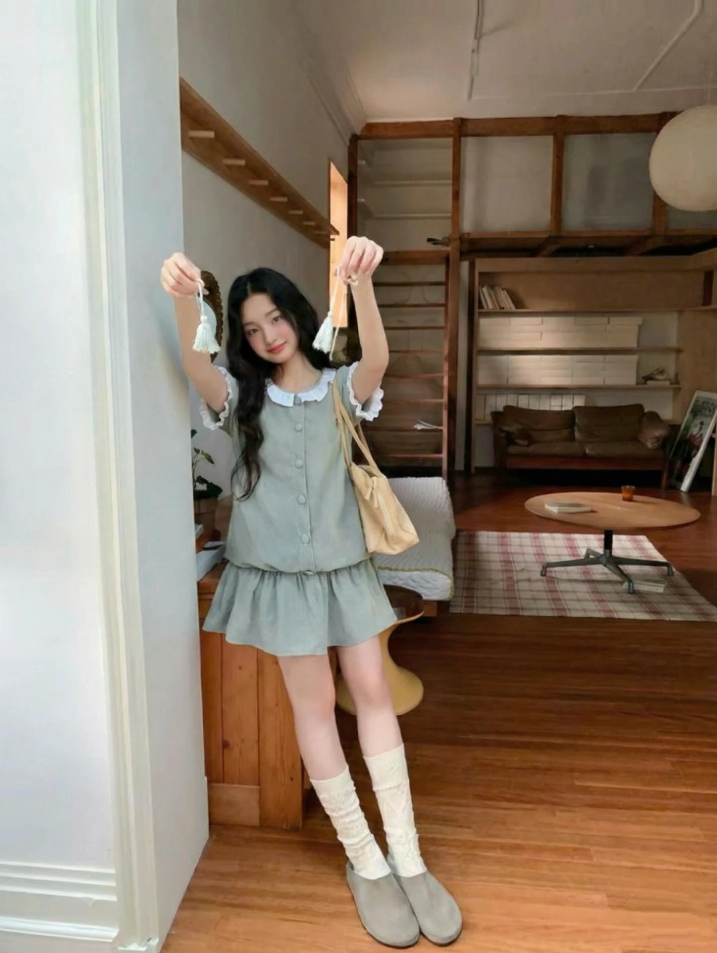 Set babydoll sơ mi xanh kẻ sọc rút dây