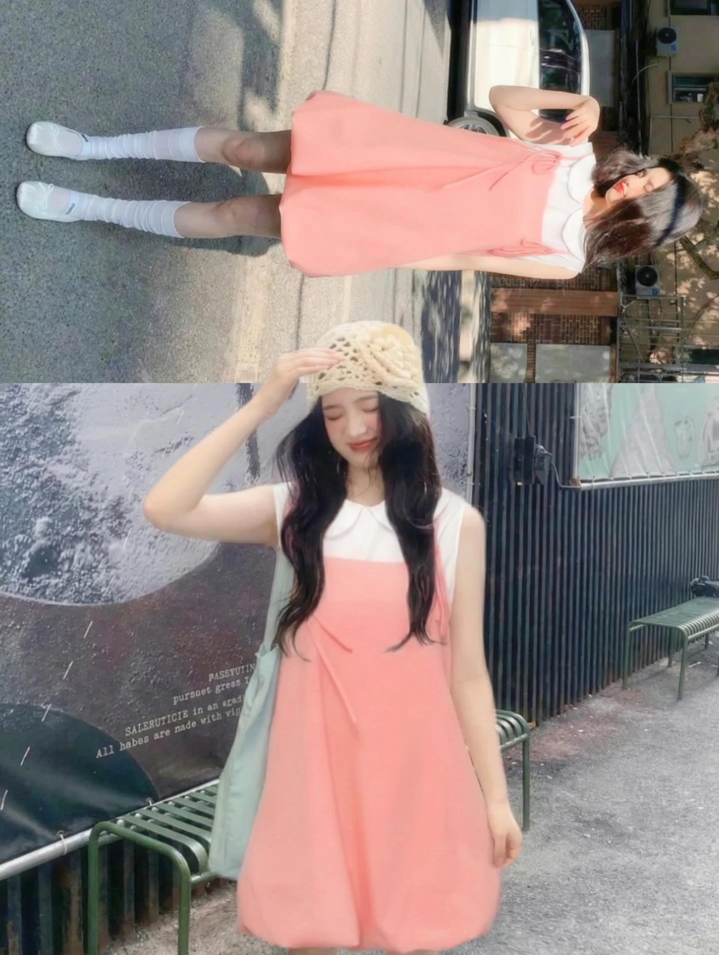 Set babydoll áo trắng sát nách yếm hồng dáng bí