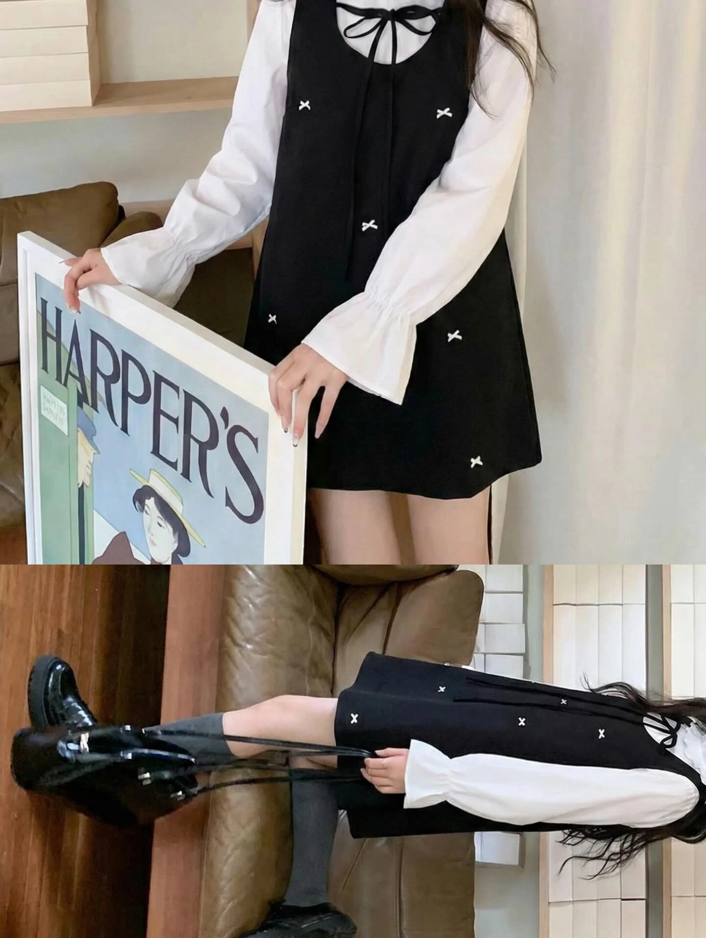 Set áo trắng tay dài yếm đen đính nơ nhựa