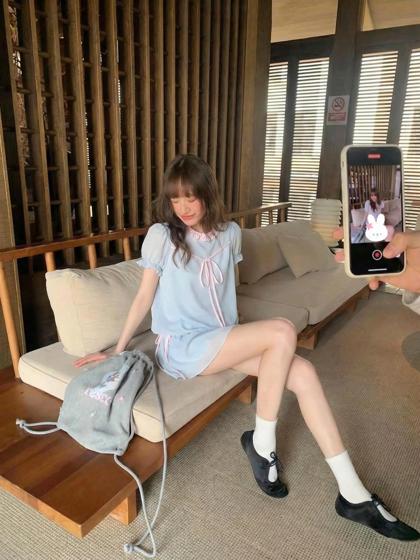 Set babydoll xanh dương phối caro hồng rút dây kèm quần bảo hộ