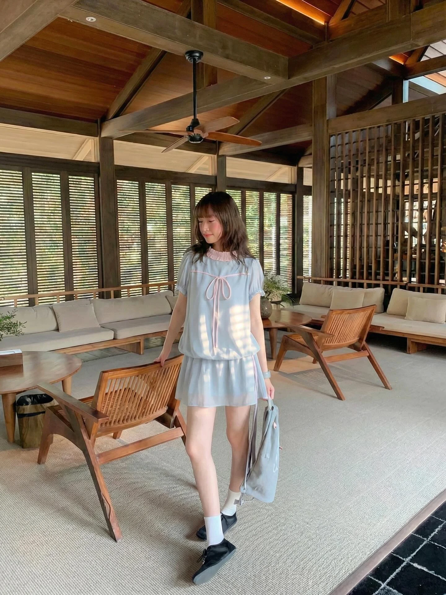 Set babydoll xanh dương phối caro hồng rút dây kèm quần bảo hộ