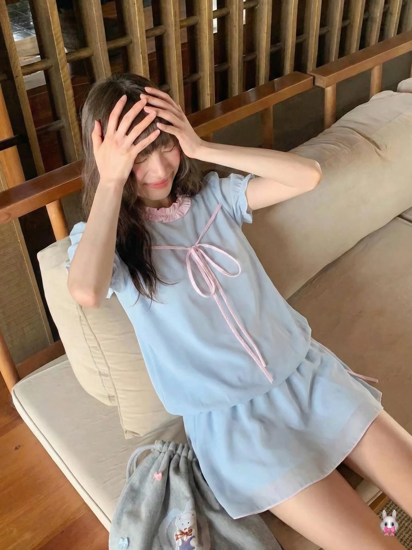 Set babydoll xanh dương phối caro hồng rút dây kèm quần bảo hộ