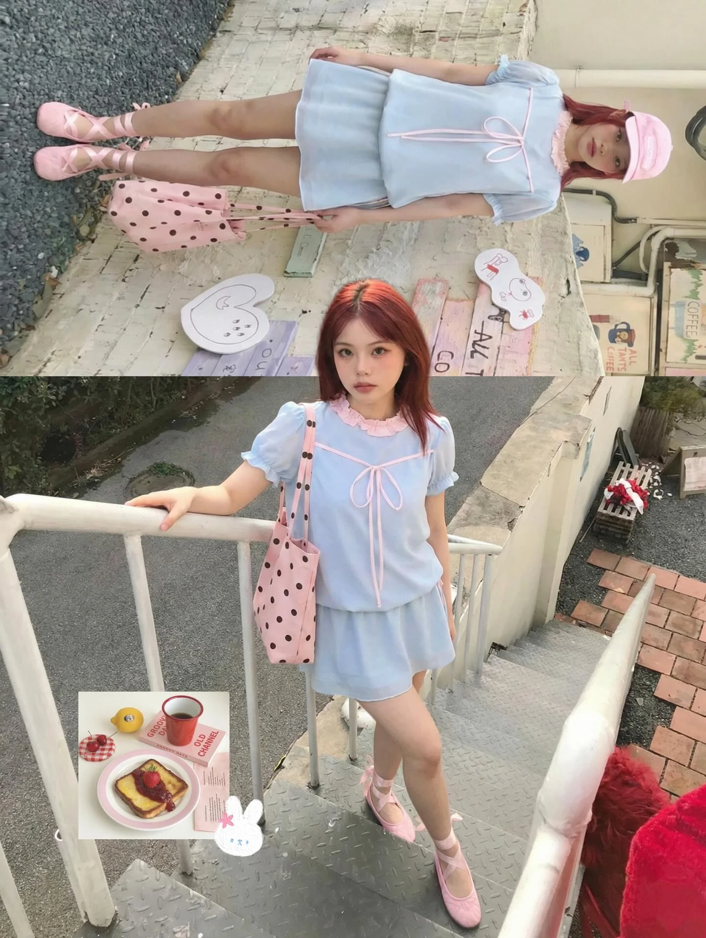 Set babydoll xanh dương phối caro hồng rút dây kèm quần bảo hộ