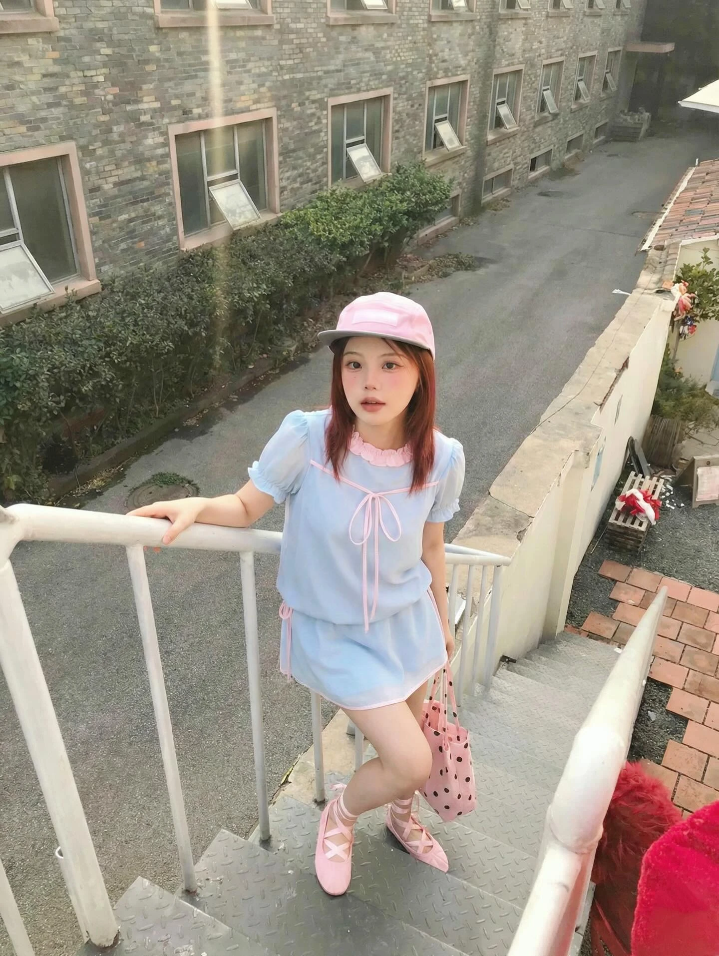 Set babydoll xanh dương phối caro hồng rút dây kèm quần bảo hộ