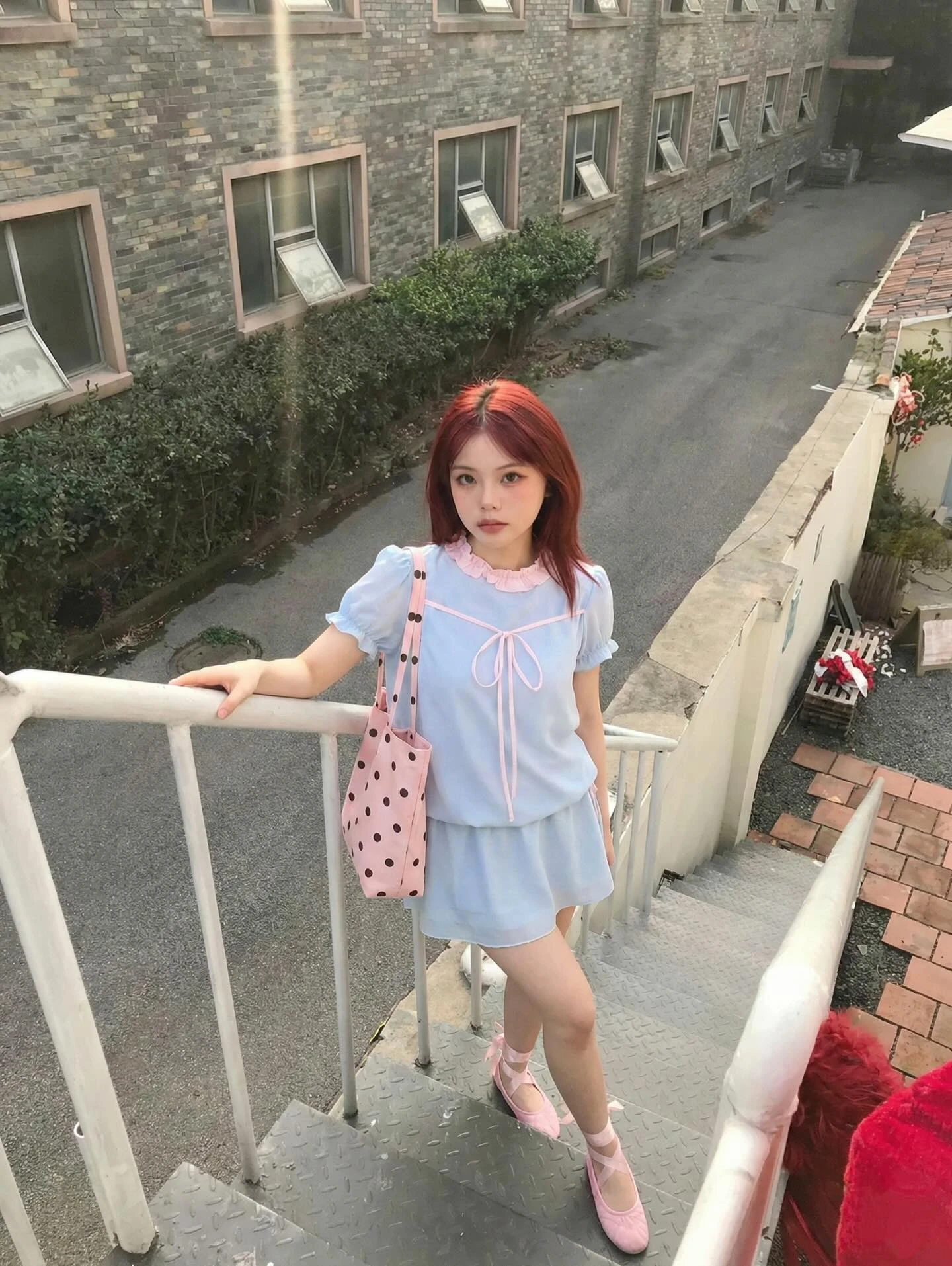 Set babydoll xanh dương phối caro hồng rút dây kèm quần bảo hộ