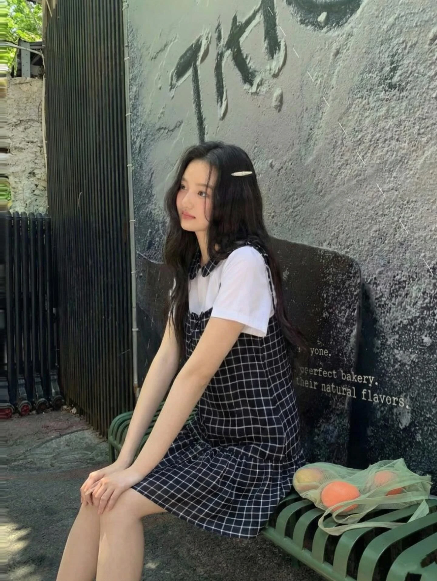 Set áo trắng, cổ + yếm caro đen