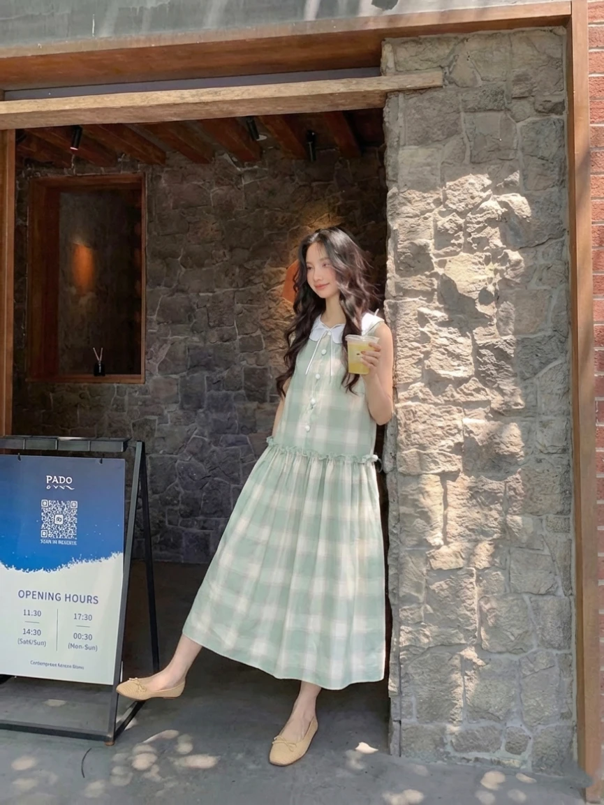 Đầm babydoll sát nách caro xanh hồng pastel form dài