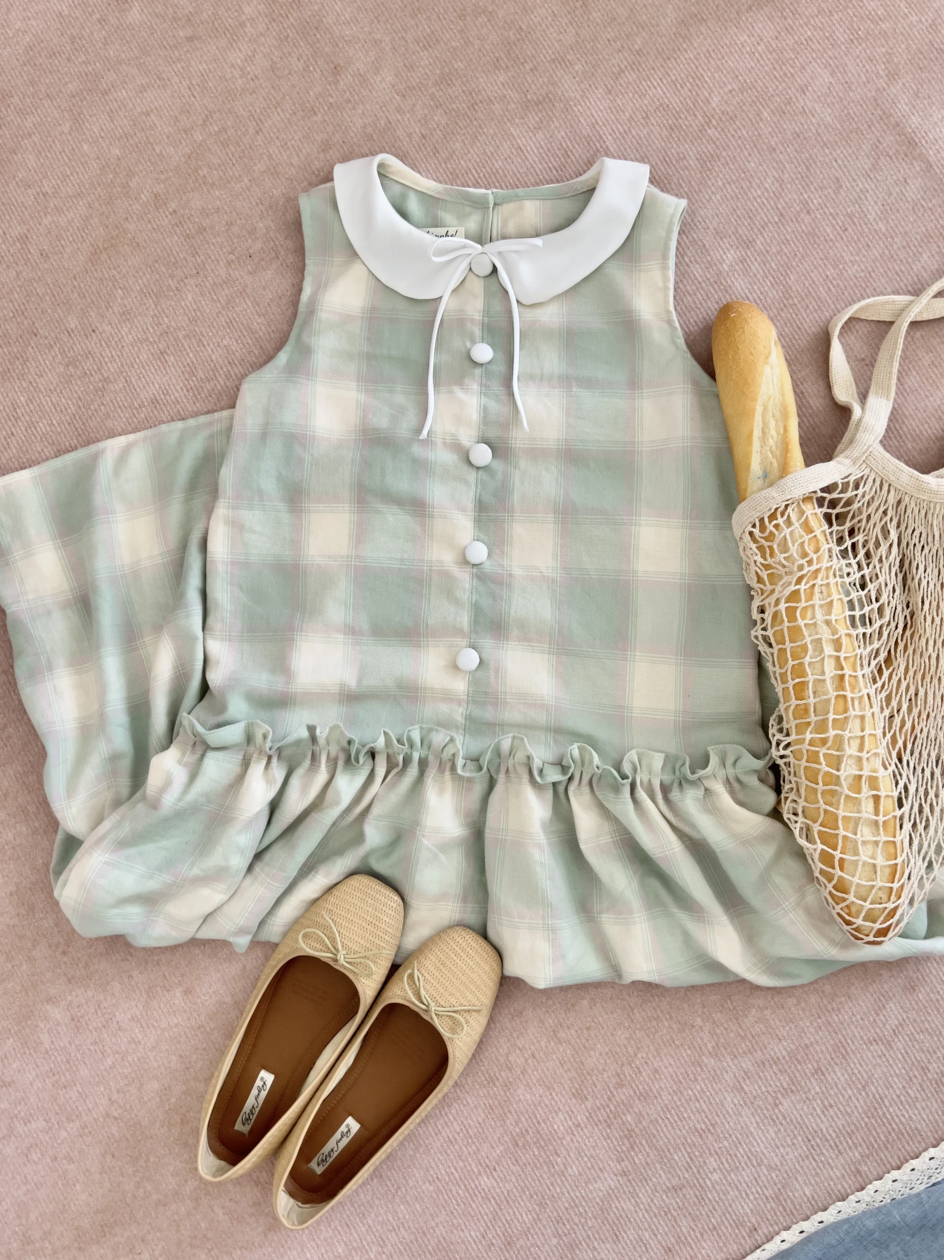 Đầm babydoll sát nách caro xanh hồng pastel form dài