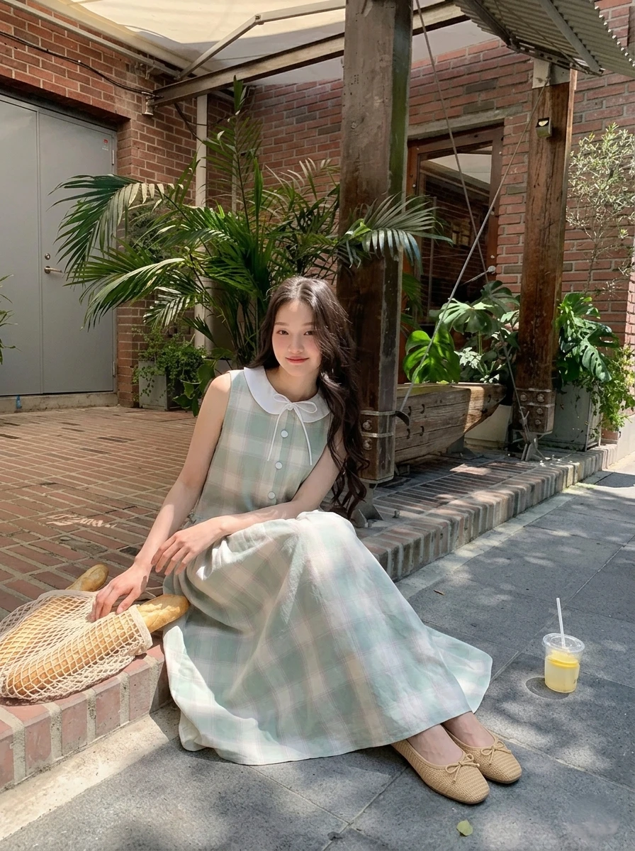  Đầm babydoll sát nách caro xanh hồng pastel form dài 