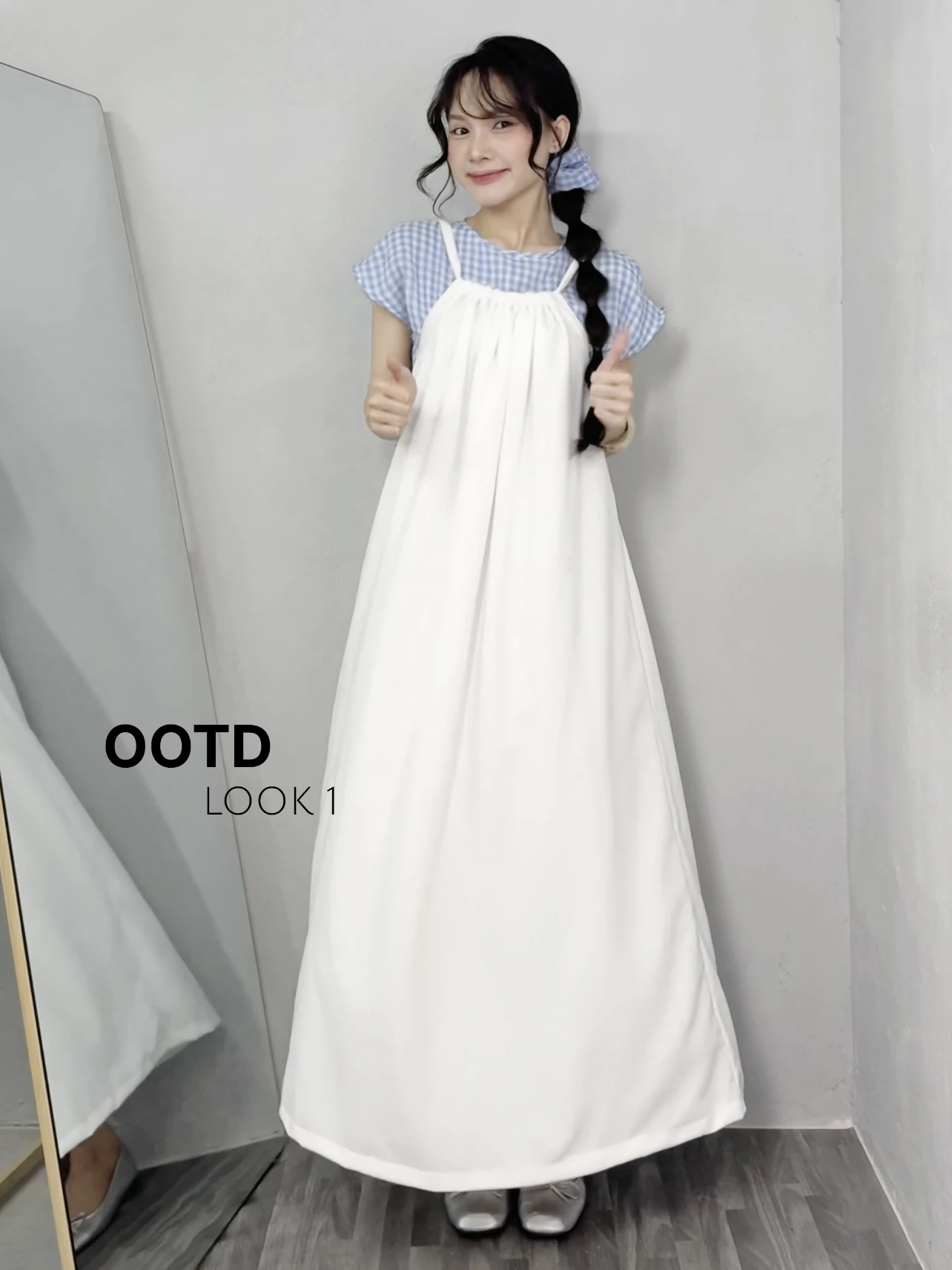 Set babydoll áo tay hến caro xanh + yếm trắng form dài