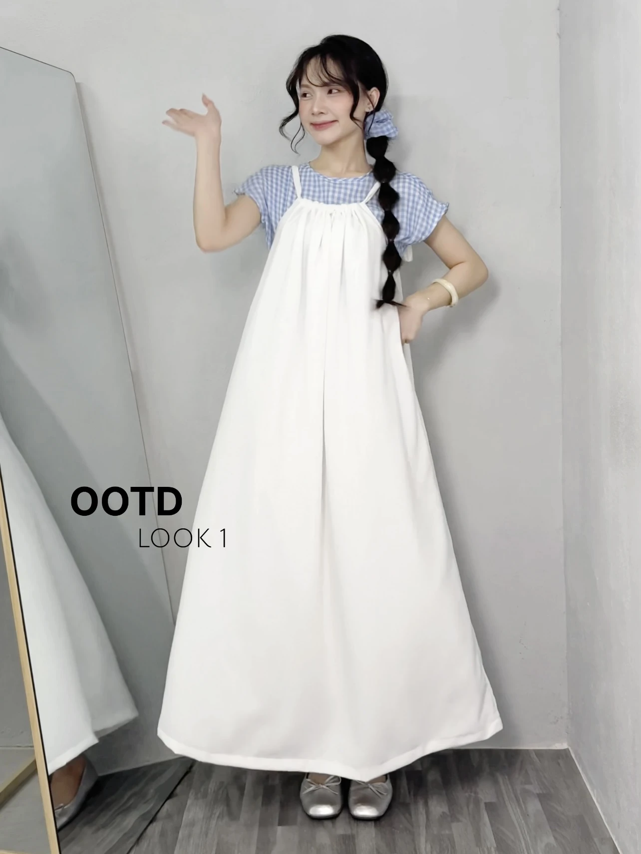  Set babydoll áo tay hến caro xanh + yếm trắng form dài 