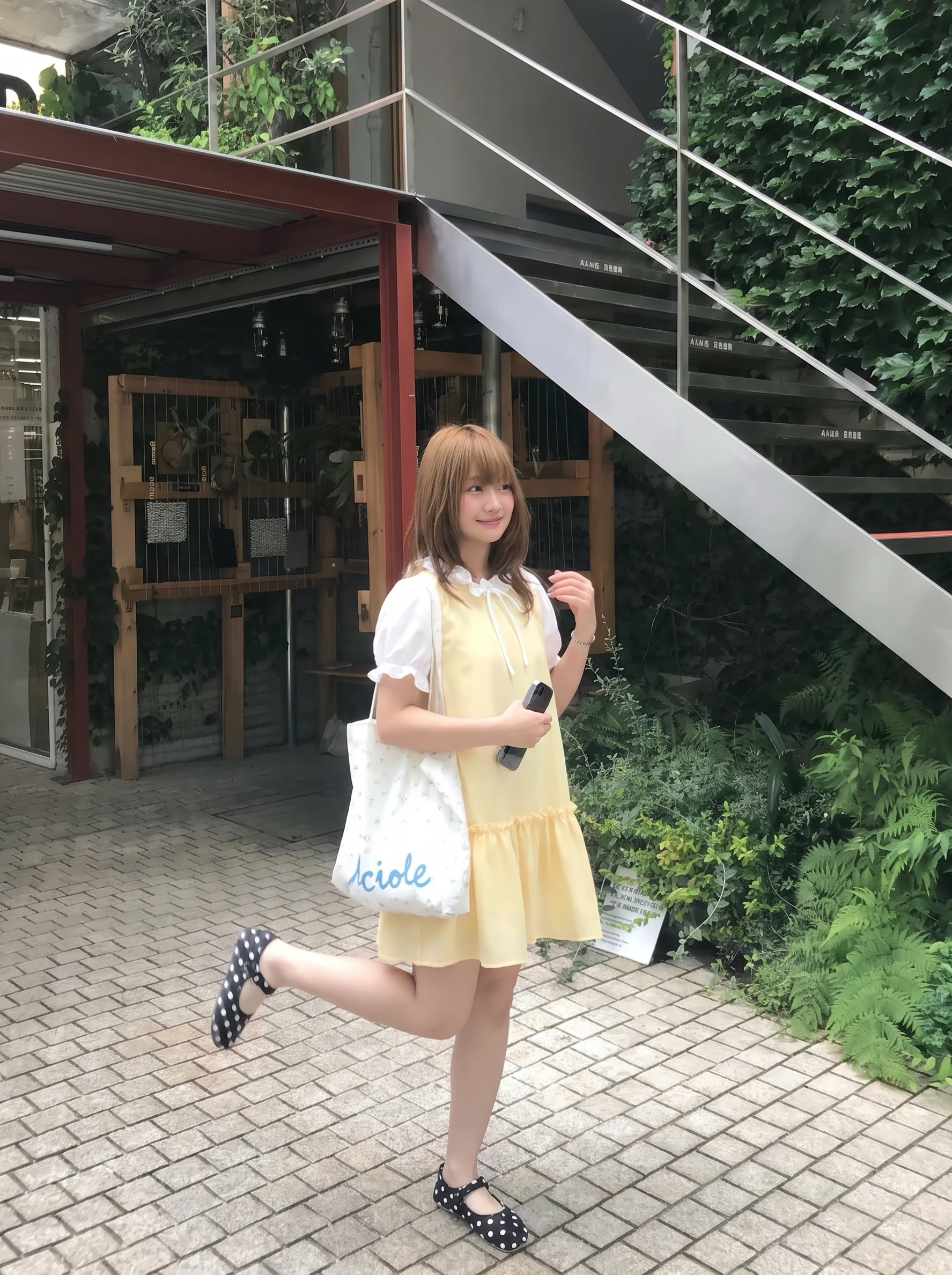 Đầm babydoll vàng phối bèo cổ tay trắng