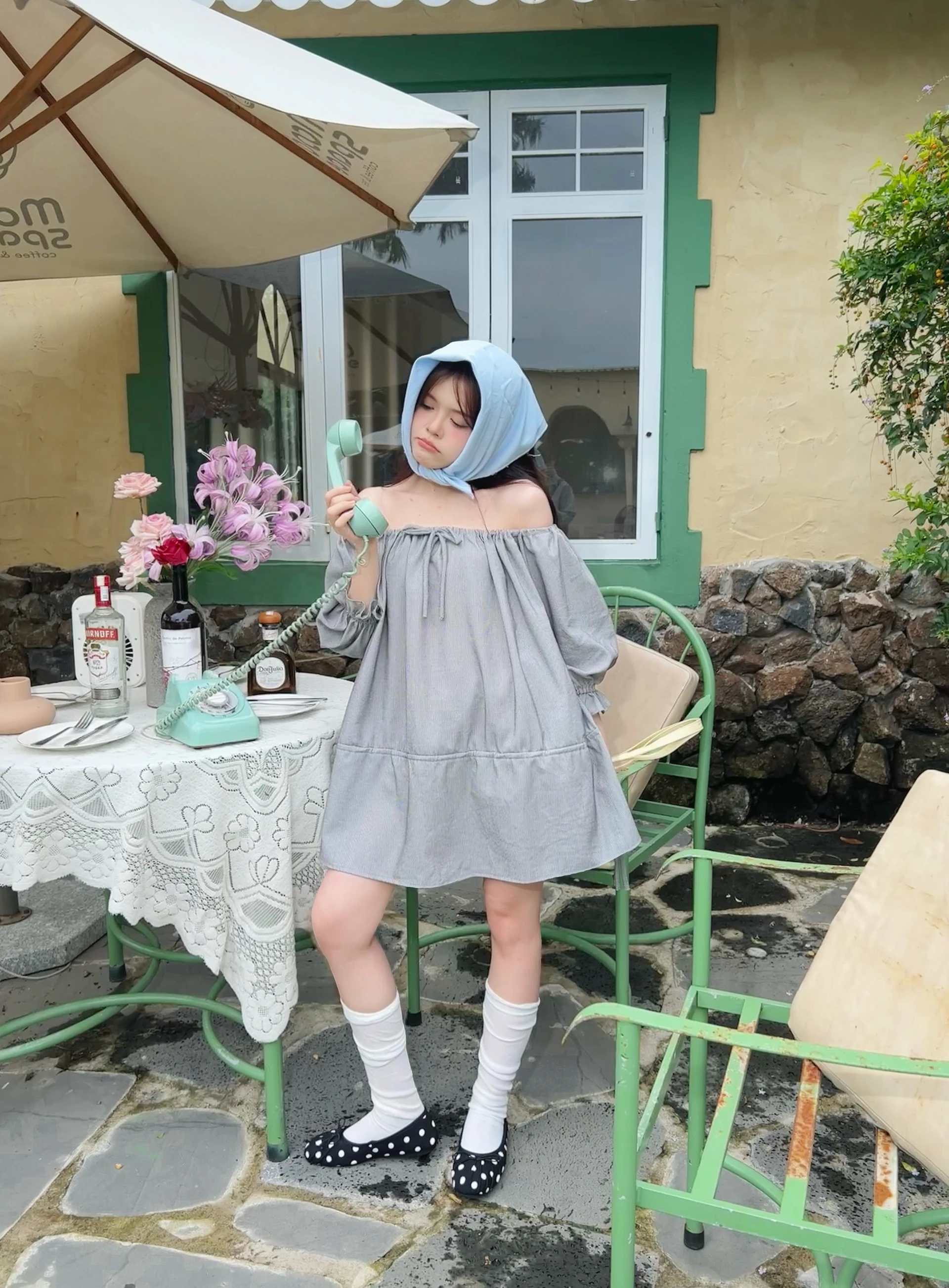 Set babydoll bệt vai kẻ sọc đen rút dây kèm bảo hộ đen