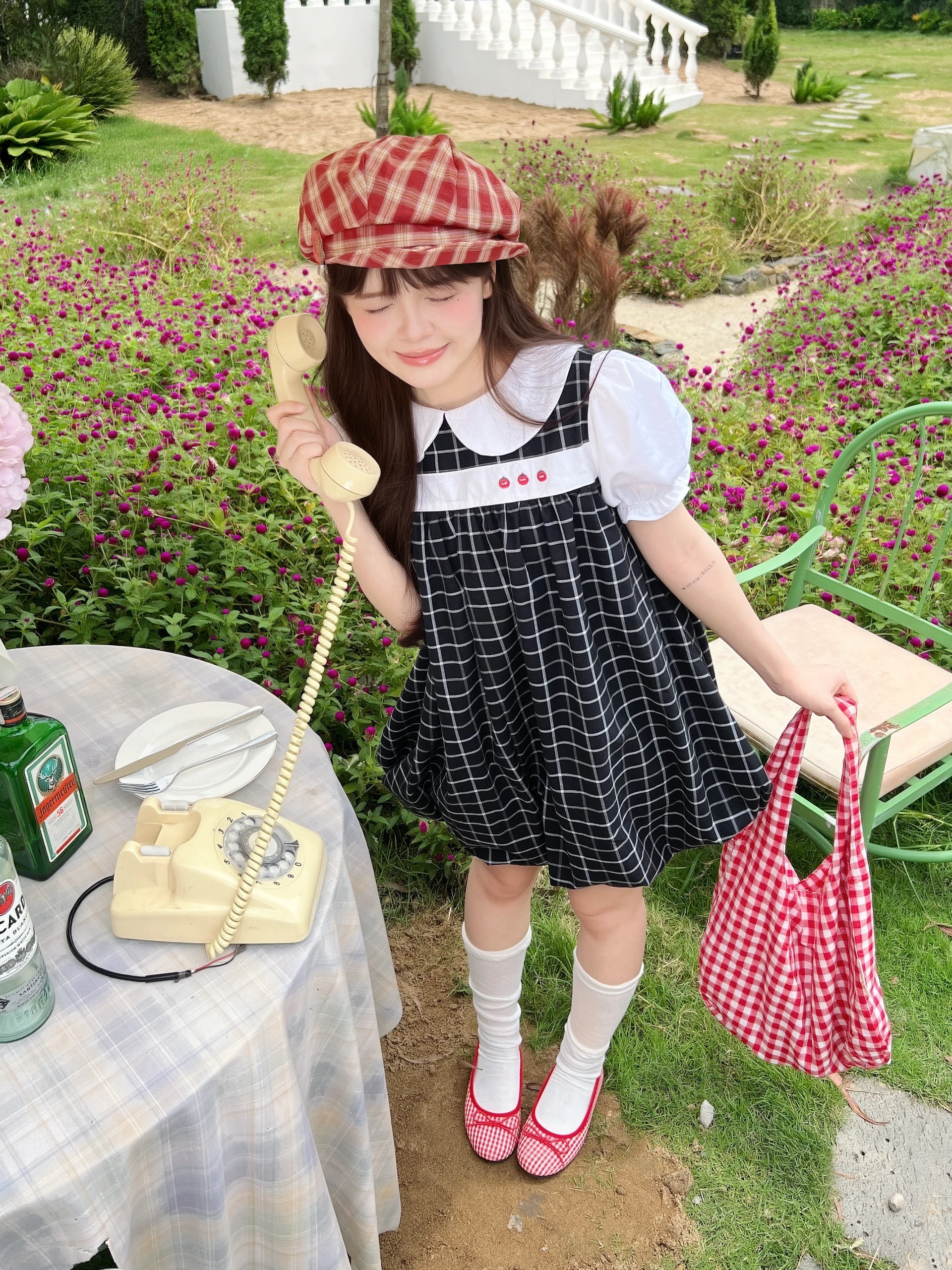  Đầm babydoll caro đen 3nút cà chua 