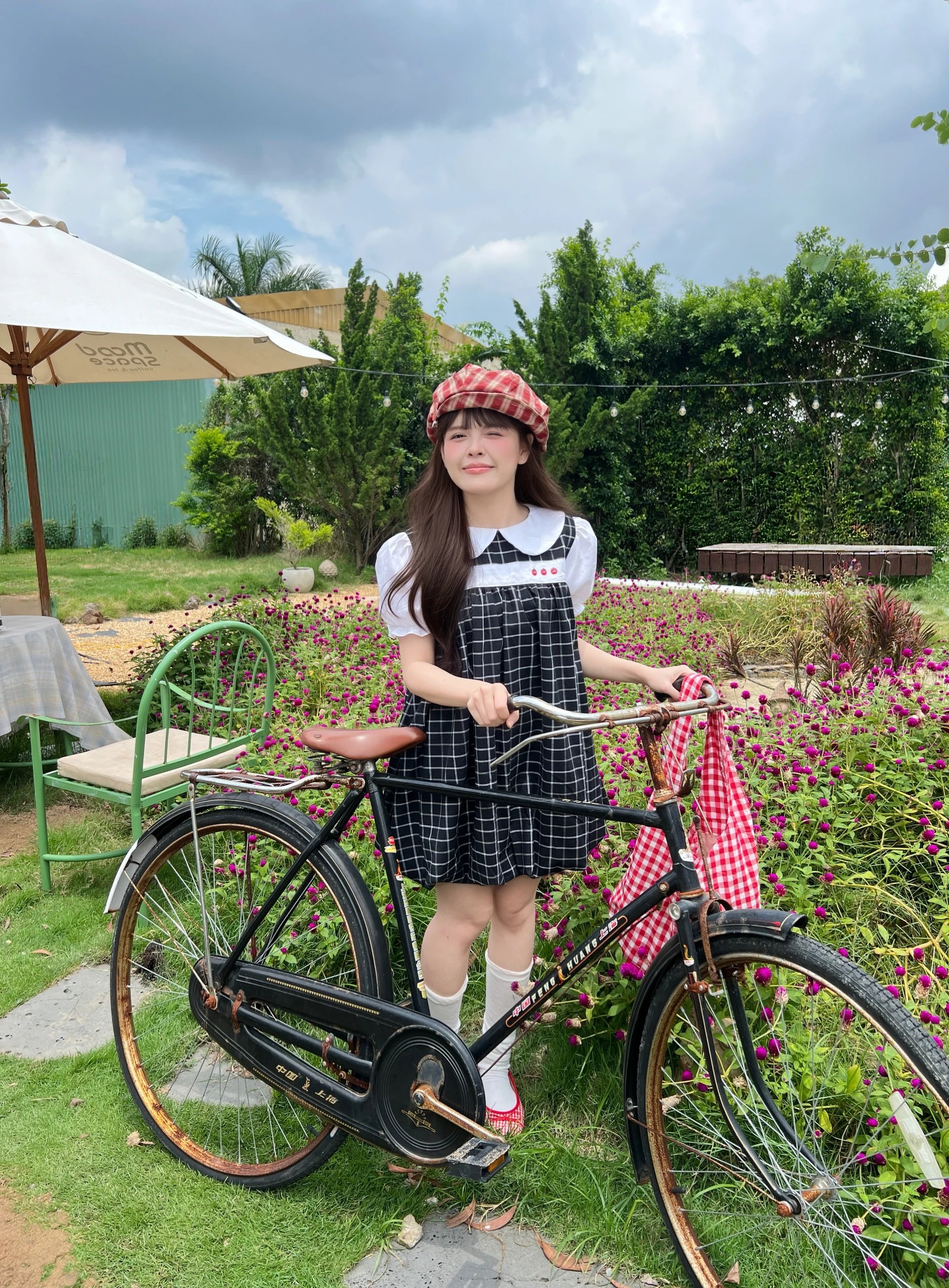 Đầm babydoll caro đen 3nút cà chua