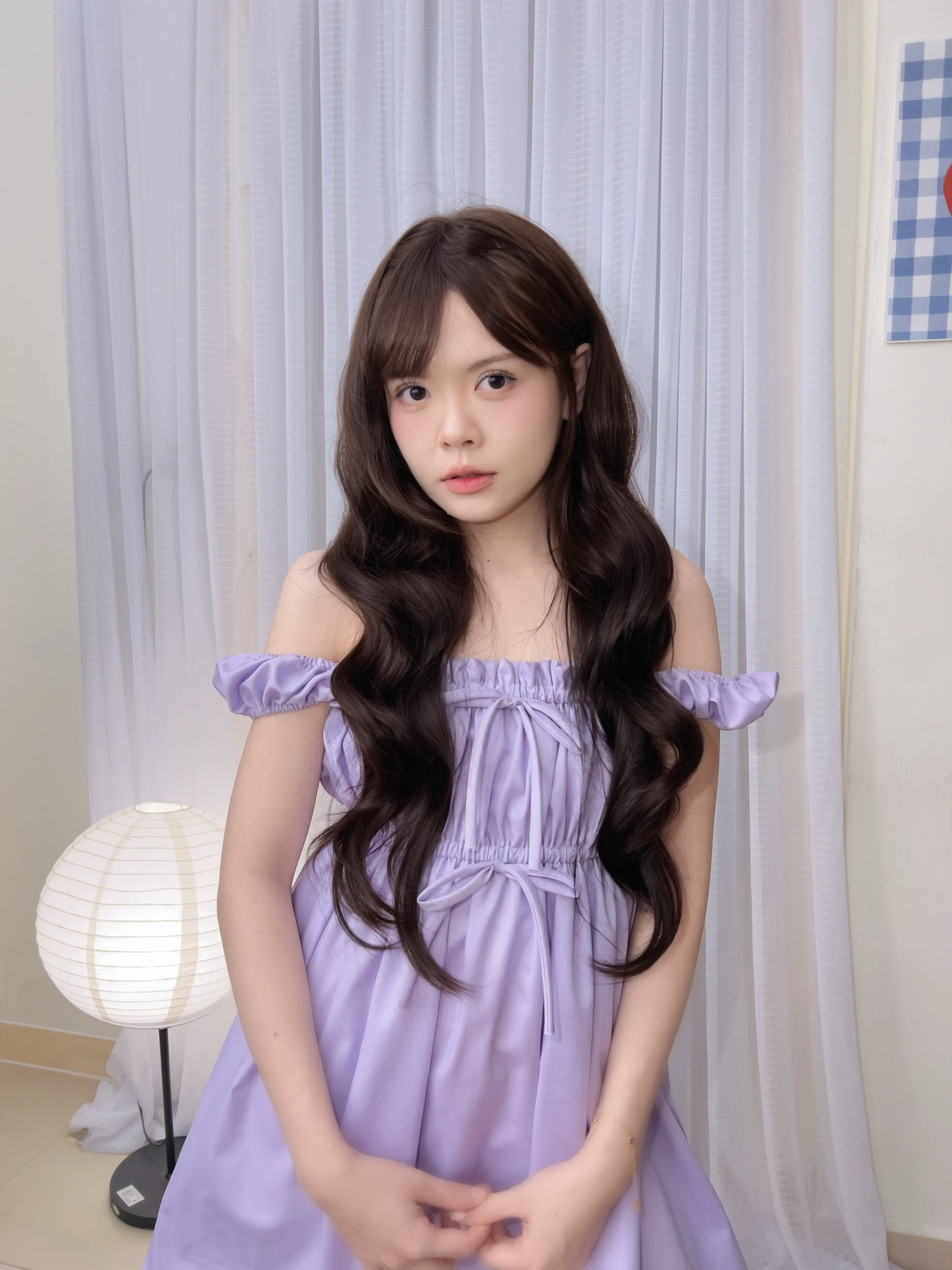  Đầm babydoll tím pastel nhún 2 nơ 
