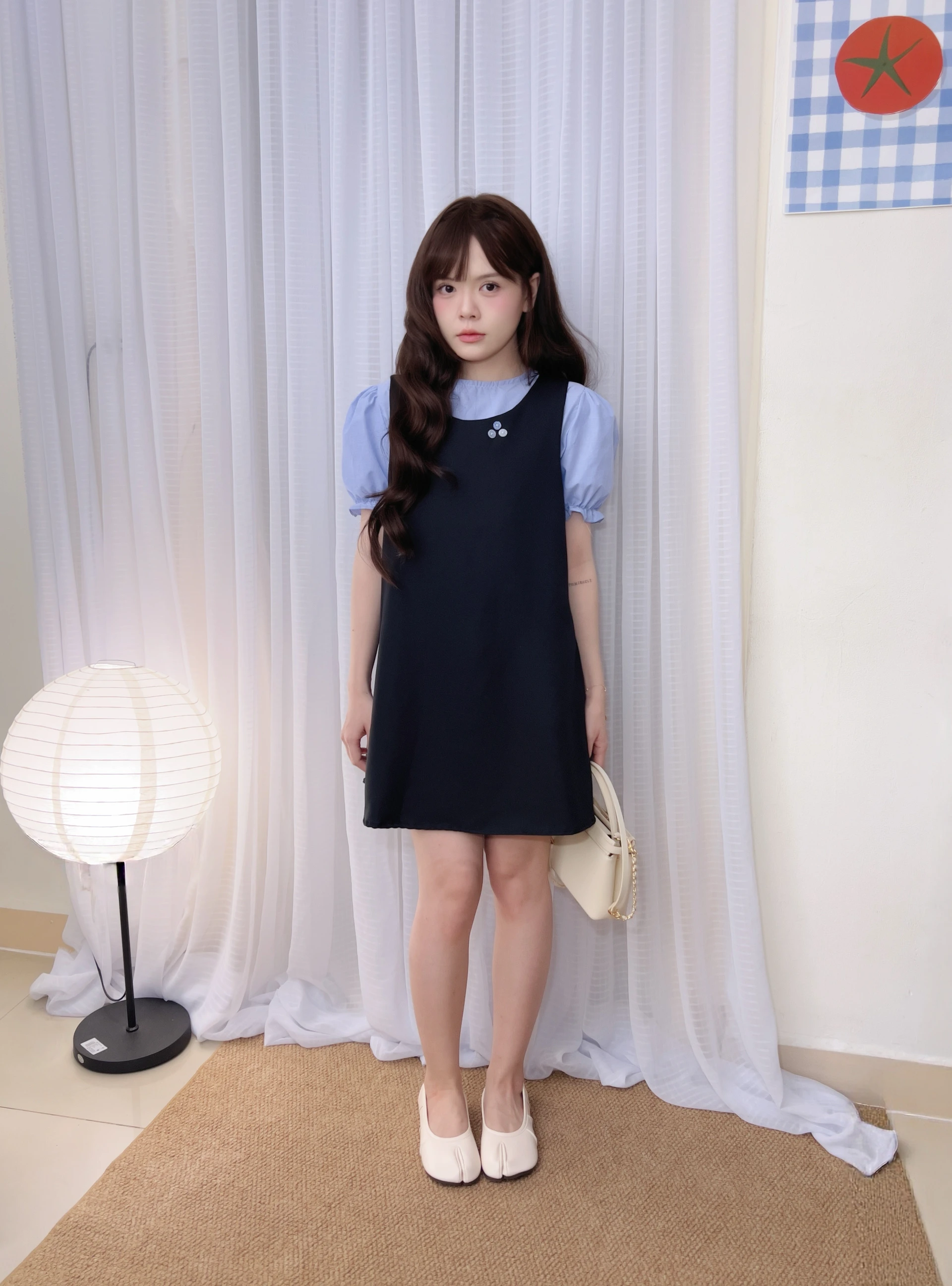 Set babydoll áo xanh + yếm đen 3 nút handmade