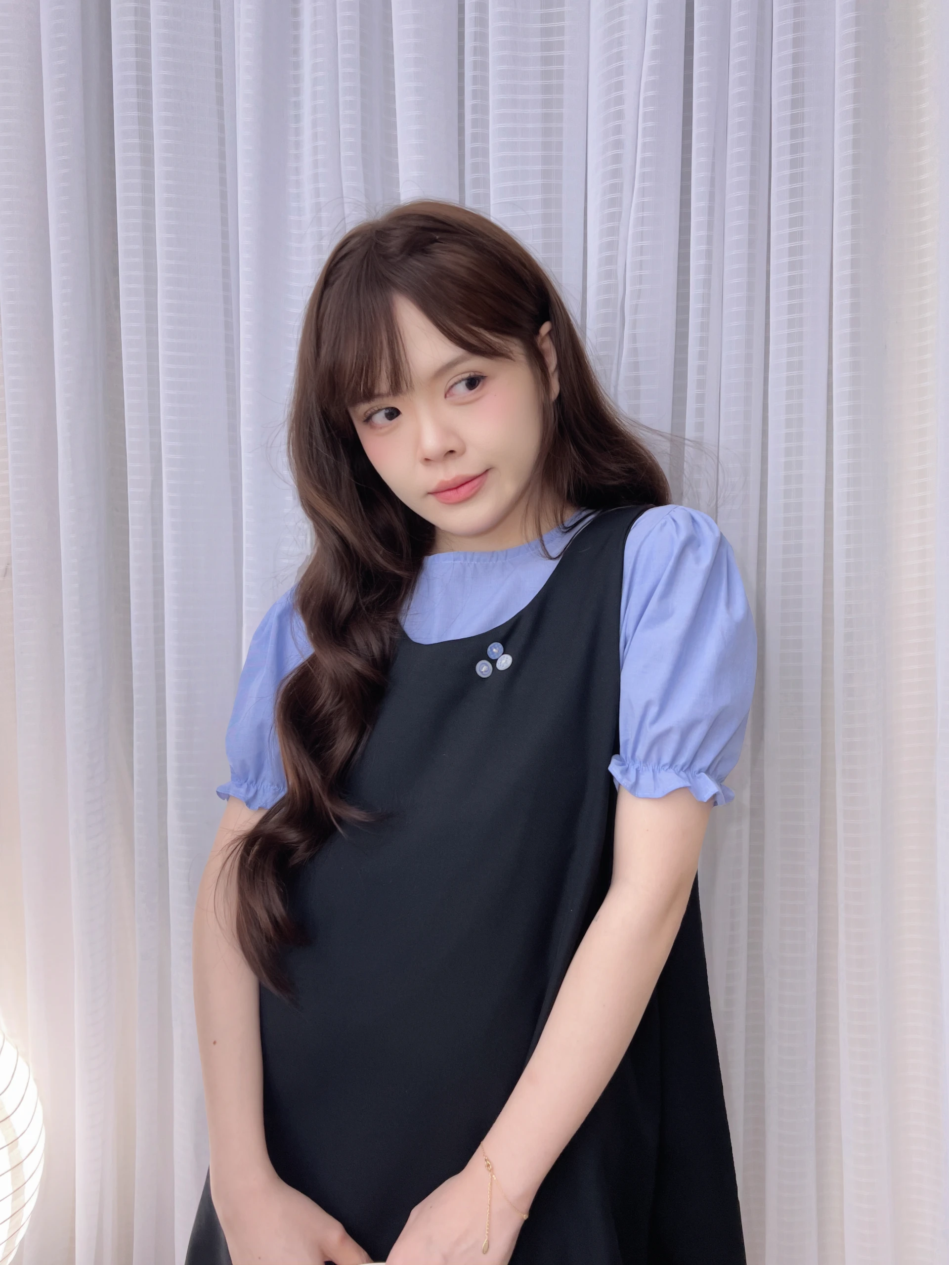 Set babydoll áo xanh + yếm đen 3 nút handmade